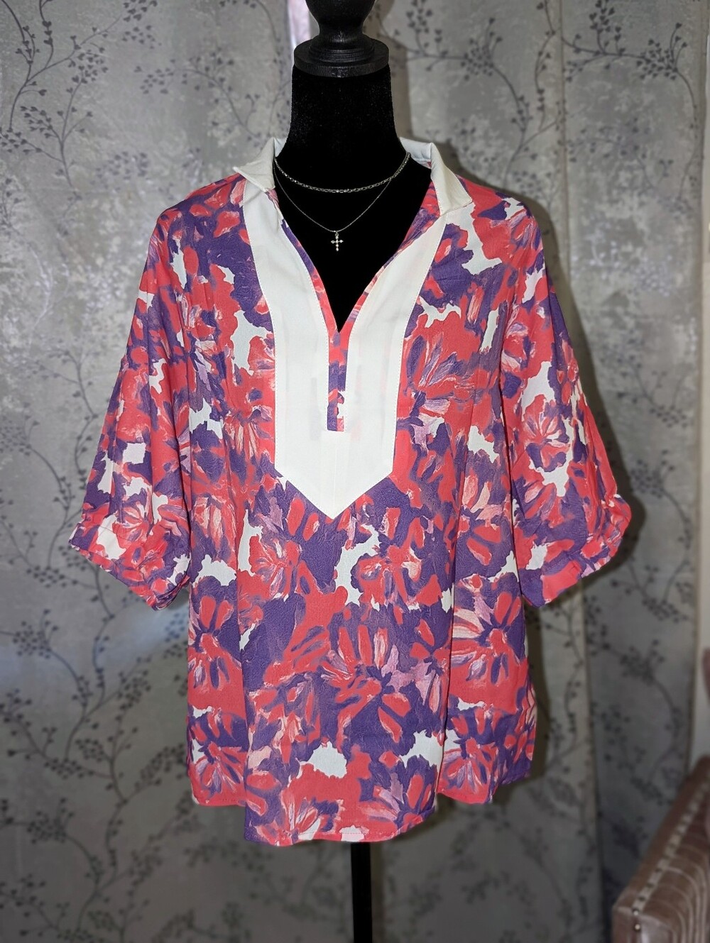 🌺 Cicy Bell Coral Pink Purple Floral V Neck Tunic Blouse Resort Casual Size S N